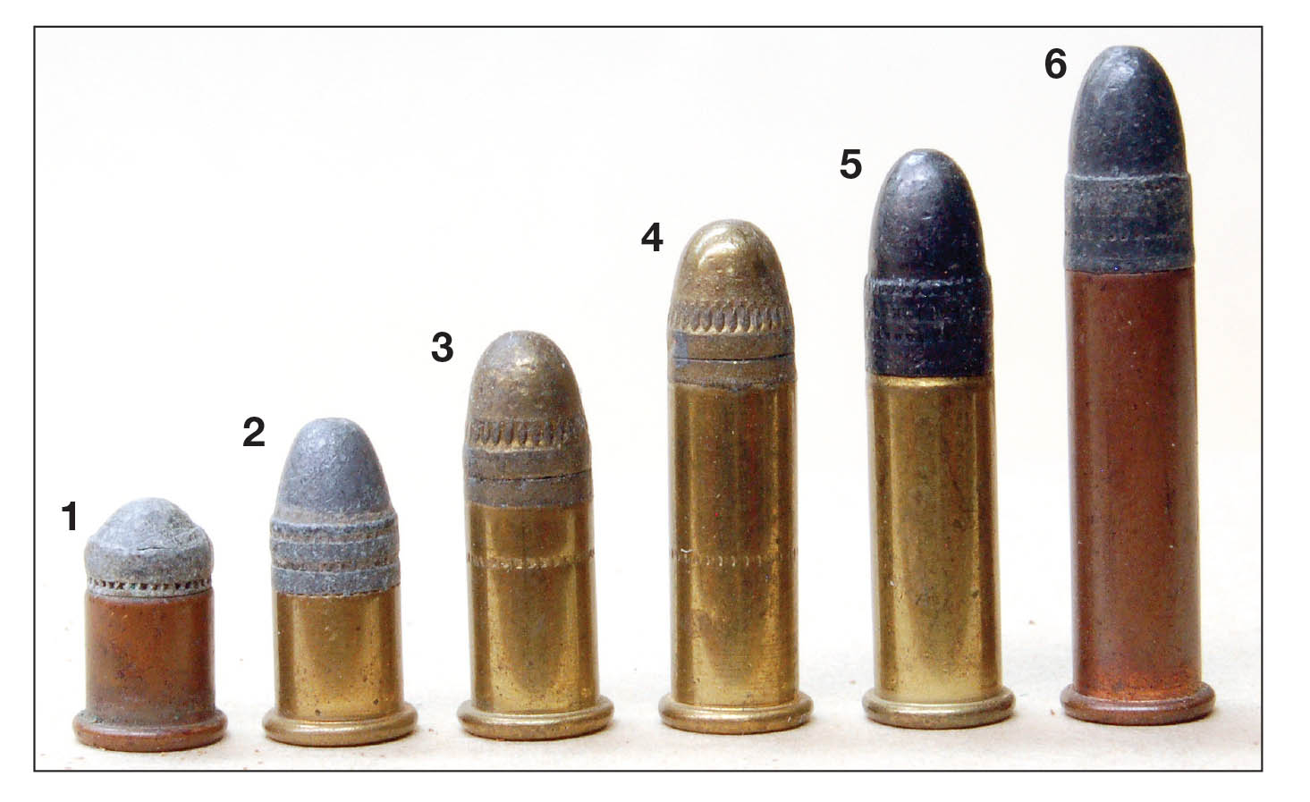 American .22 rimfire cartridges include the (1) BB Cap, (2) CB Cap, (3) Short, (4) Long, (5) Long Rifle and (6) Extra Long.